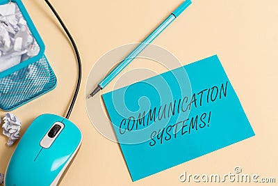Writing note showing Communication Systems. Business photo showcasing Flow of Information use of Machine to transmit Stock Photo