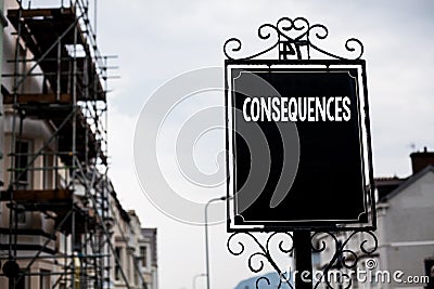 Writing note showing Consequences. Business photo showcasing Result Outcome Output Upshot Difficulty Ramification Conclusion Vint Stock Photo