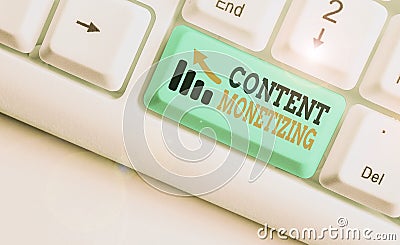 Writing note showing Content Monetizing. Business photo showcasing making money from content that exists on your website Stock Photo