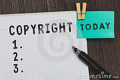 Writing note showing Copyright. Business photo showcasing exclusive and assignable legal right given to originator Open Stock Photo