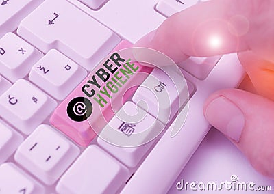 Writing note showing Cyber Hygiene. Business photo showcasing steps that computer users take to improve their cyber security Stock Photo