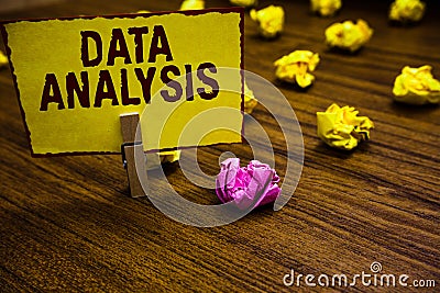 Writing note showing Data Analysis. Business photo showcasing Translate numbers to Analytical Conclusion Forecasting Clothespin ho Stock Photo