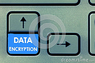 Writing note showing Data Encryption. Business photo showcasing Symmetric key algorithm for the encrypting electronic data Stock Photo