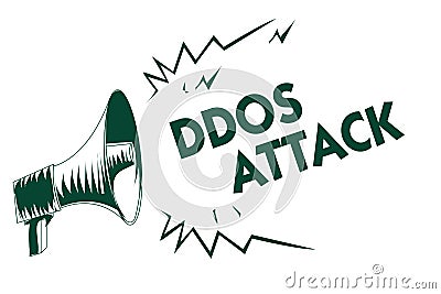 Writing note showing Ddos Attack. Business photo showcasing perpetrator seeks to make network resource unavailable Black megaphone Stock Photo
