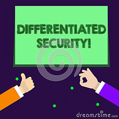 Writing note showing Differentiated Security. Business photo showcasing deploys different policies according to identity Stock Photo