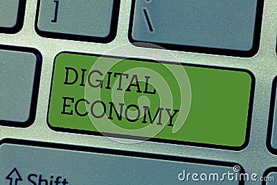 Writing note showing Digital Economy. Business photo showcasing worldwide network of economic activities and technologies Stock Photo