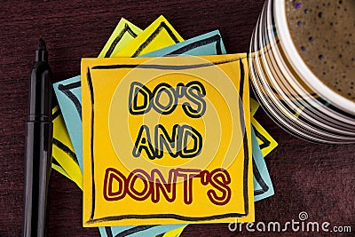 Writing note showing Do'S And Don'Ts. Business photo showcasing What can be done and what cannot be knowing right wrong written Stock Photo