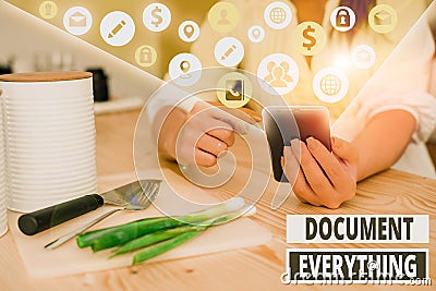 Writing note showing Document Everything. Business photo showcasing computer file that contains text that you have Stock Photo