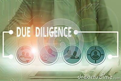 Writing note showing Due Diligence. Business photo showcasing Rational steps taken by a demonstrating to avoid committing a tort Stock Photo