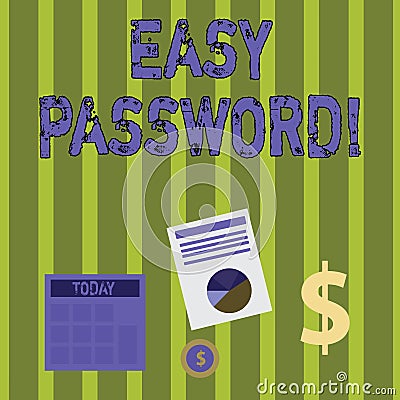 Writing note showing Easy Password. Business photo showcasing Easy code that enables one to gain admission to program Stock Photo