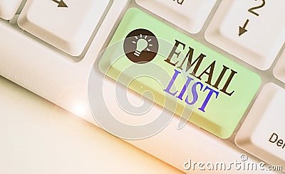 Writing note showing Email List. Business photo showcasing widespread distribution of information to many Internet users Stock Photo