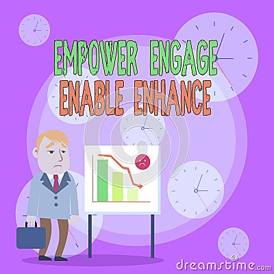 Writing note showing Empower Engage Enable Enhance. Business photo showcasing Empowerment Leadership Motivation Stock Photo