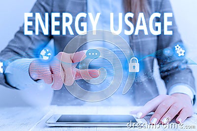 Writing note showing Energy Usage. Business photo showcasing Amount of energy consumed or used in a process or system Stock Photo