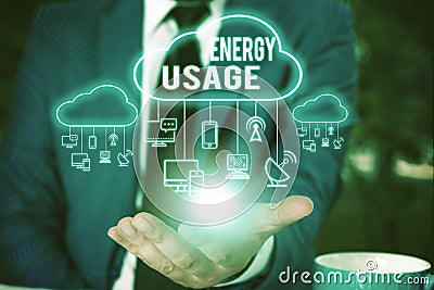 Writing note showing Energy Usage. Business photo showcasing Amount of energy consumed or used in a process or system Stock Photo