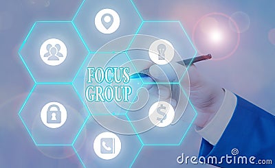 Writing note showing Focus Group. Business photo showcasing showing assembled to participate in discussion about something Stock Photo