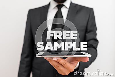 Writing note showing Free Sample. Business photo showcasing portion of products given to consumers in shopping malls. Stock Photo