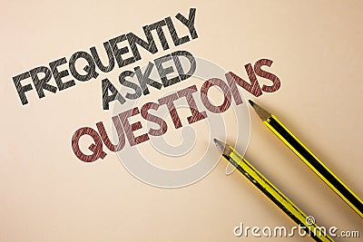 Writing note showing Frequently Asked Questions. Business photo showcasing most common inquiries Informations Help Guide written Stock Photo