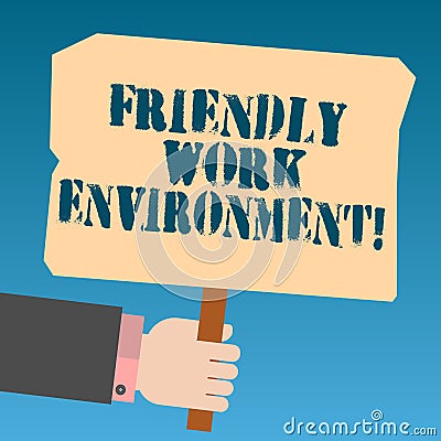 Writing note showing Friendly Work Environment. Business photo showcasing Integrating stronger social dynamics workplace Hu Stock Photo