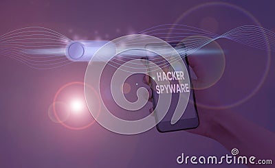 Writing note showing Hacker Spyware. Business photo showcasing infiltration software that secretly monitor unsuspecting user Stock Photo