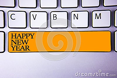 Writing note showing Happy New Year. Business photo showcasing congratulations Merry Xmas everyone beginning of January Keyboard Stock Photo