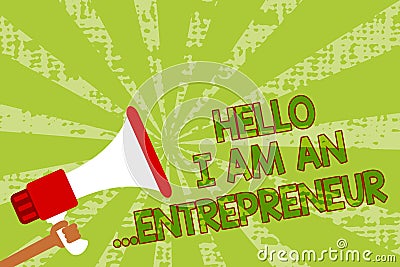 Writing note showing Hello I Am An ...Entrepreneur. Business photo showcasing person who sets up a business or startups Man holdin Stock Photo