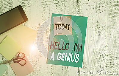 Writing note showing Hello I M A Genius. Business photo showcasing Introduce yourself as over average demonstrating to Stock Photo