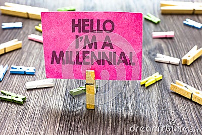 Writing note showing Hello I am A Millennial. Business photo showcasing person reaching young adulthood in current Stock Photo