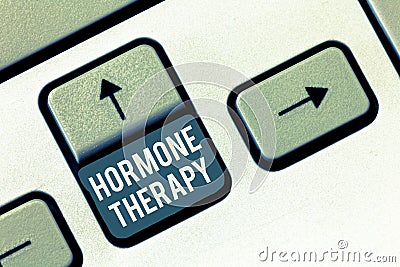Writing note showing Hormone Therapy. Business photo showcasing use of hormones in treating of menopausal symptoms Stock Photo