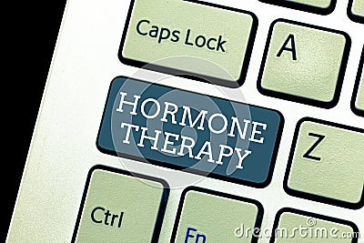 Writing note showing Hormone Therapy. Business photo showcasing use of hormones in treating of menopausal symptoms Stock Photo