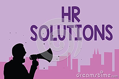 Writing note showing Hr Solutions. Business photo showcasing Outsourced Human resources consultancy and support Experts Man holdin Stock Photo