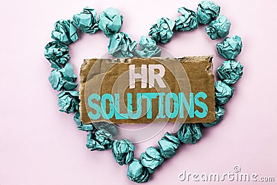 Writing note showing Hr Solutions. Business photo showcasing Recruitment Solution Consulting Management Solving Onboarding writte Stock Photo