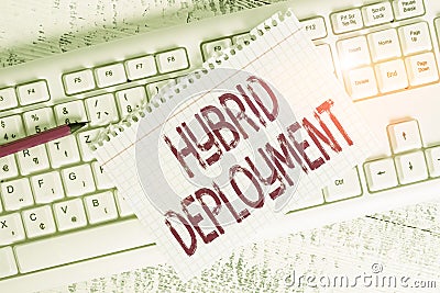 Writing note showing Hybrid Deployment. Business photo showcasing a combination of onpremises applications or data Keyboard office Stock Photo