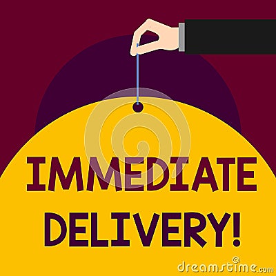 Writing note showing Immediate Delivery. Business photo showcasing Send it Now Custom Procedure to dispose Promptly Man Stock Photo