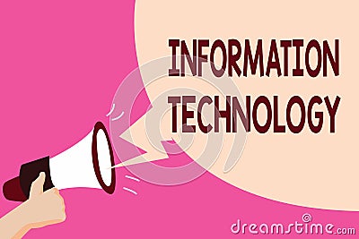 Writing note showing Information Technology. Business photo showcasing use Systems to Store Retrieve Transmit Send Data Stock Photo