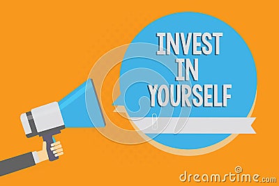 Writing note showing Invest In Yourself. Business photo showcasing Improve your Skills take courses Do masters Scholarship Alarmin Stock Photo