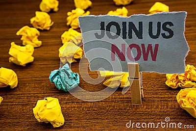 Writing note showing Join Us Now. Business photo showcasing enroll community register website Recruit someone Sign-up Cardboard w Stock Photo