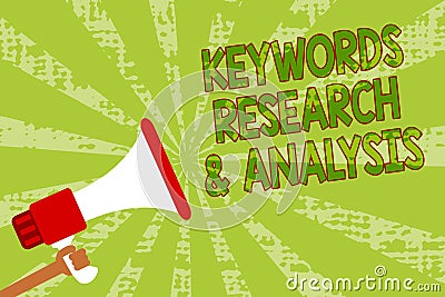 Writing note showing Keywords Research and Analysis. Business photo showcasing search for data and create tables graphs Man holdin Stock Photo