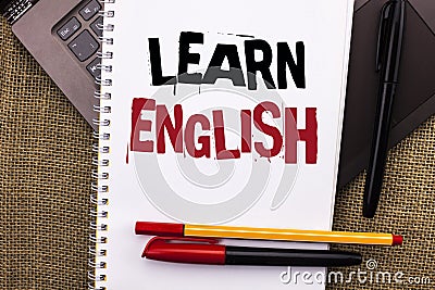 Writing note showing Learn English. Business photo showcasing Study another Language Learn Something Foreign Communication writte Stock Photo