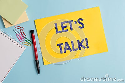 Writing note showing Let S Is Talk. Business photo showcasing suggesting in the beginning of a conversation on the topic Stock Photo