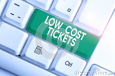 Writing note showing Low Cost Tickets. Business photo showcasing small paper bought to provide access to service or show Stock Photo