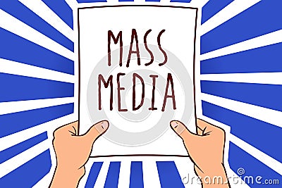 Writing note showing Mass Media. Business photo showcasing Group people making news to the public of what is happening Man holding Stock Photo