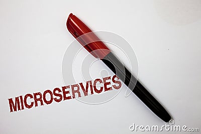 Writing note showing Microservices. Business photo showcasing Software development technique Decomposing an application Softliner Stock Photo