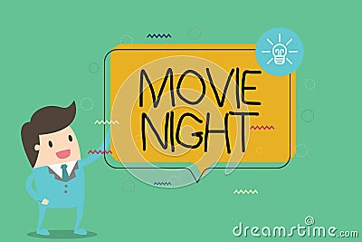 Writing note showing Movie Night. Business photo showcasing Casual informal reunion to watch movies at home Leisure date Stock Photo