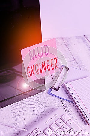 Writing note showing Mud Engineer. Business photo showcasing liable for making mixture of fluids used in drilling process Note Stock Photo