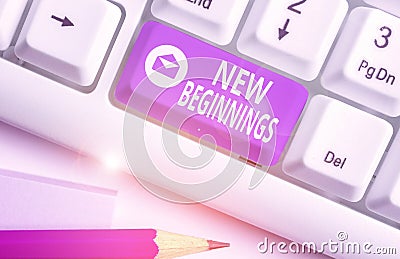 Writing note showing New Beginnings. Business photo showcasing fresh look at the future and wonderful possibilities it holds Stock Photo