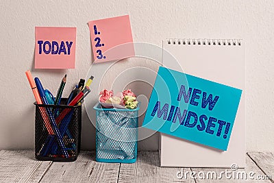 Writing note showing New Mindset. Business photo showcasing mental attitude of demonstratings responses to certain Stock Photo