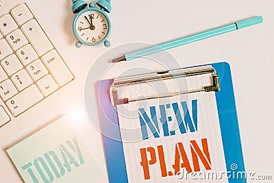Writing note showing New Plan. Business photo showcasing Start of a detailed proposal of doing or achieving something Stock Photo