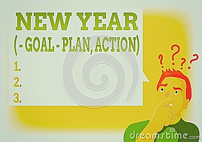 Writing note showing New Year Goal Plan, Action. Business photo showcasing Business solution and planning with Stock Photo