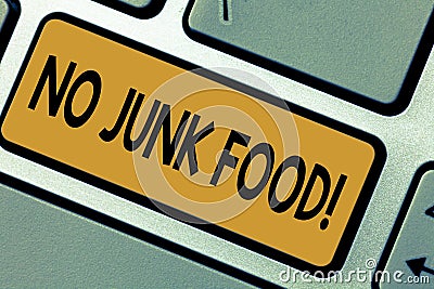 Writing note showing No Junk Food. Business photo showcasing Stop eating unhealthy things go on a diet give up burgers Stock Photo