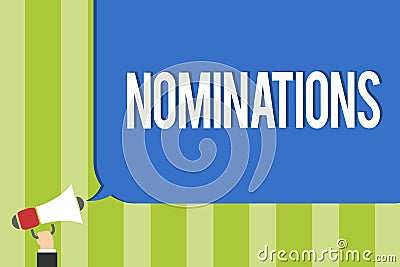 Writing note showing Nominations. Business photo showcasing Suggestions of someone or something for a job position or prize Public Stock Photo